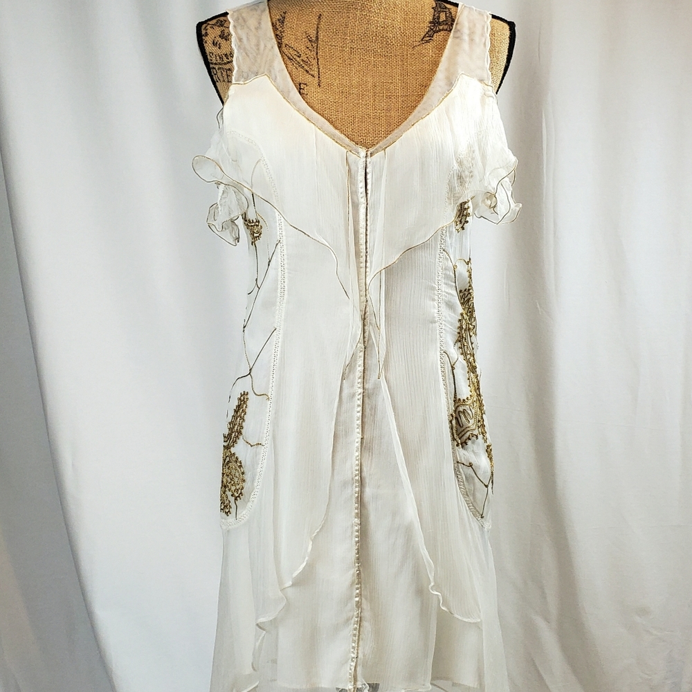 Nataya Women's White cotton viscose fairie dress with Gold Embroidery